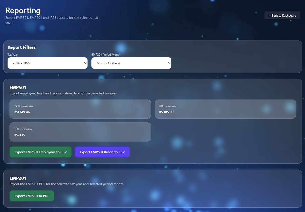 SARS reporting module screenshot